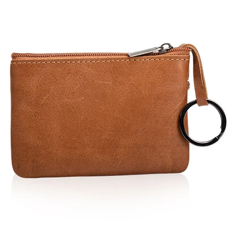 Top Layer Cowhide Leather Coin Purse Zipper Pocket Design Cards Coins Cash Storage Pouch - Brown