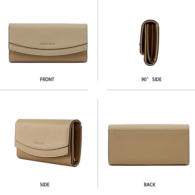 FFY FY207-39 Stylish Women PU Leather Tri-fold Long Wallet Multi Card Slots Purse Clutch Bag - Apricot