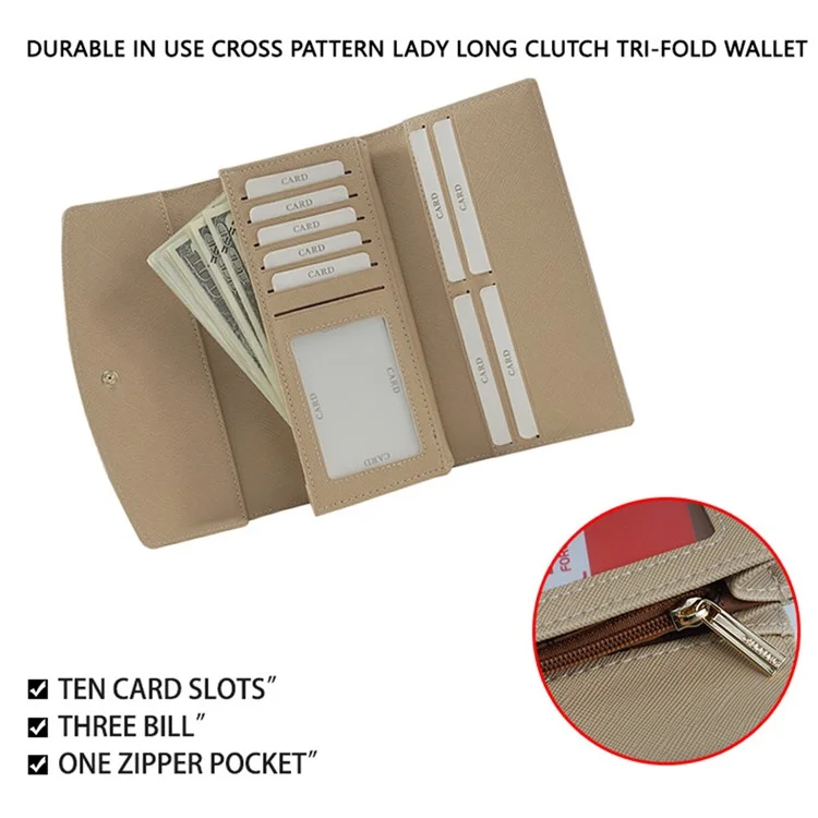 FFY FY207-39 Stylish Women PU Leather Tri-fold Long Wallet Multi Card Slots Purse Clutch Bag - Apricot