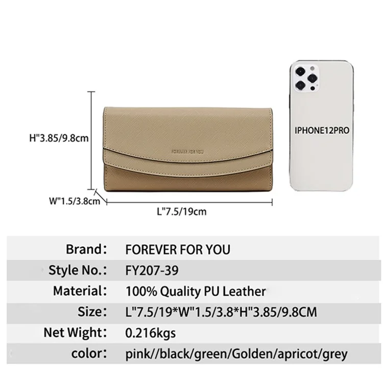 FFY FY207-39 Stylish Women PU Leather Tri-fold Long Wallet Multi Card Slots Purse Clutch Bag - Apricot