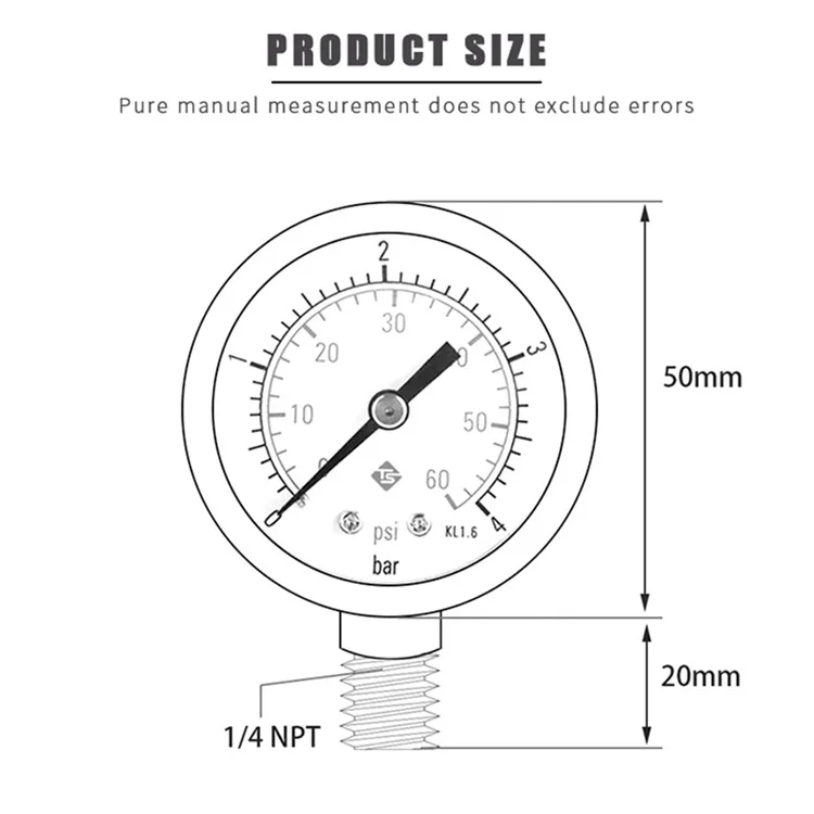 TS-50-4bar 50mm Manómetro 0-60psi / 0-4bar Escala Dual Dial Presión del Agua 1/4 NPT Manómetro de Presión Hidráulica