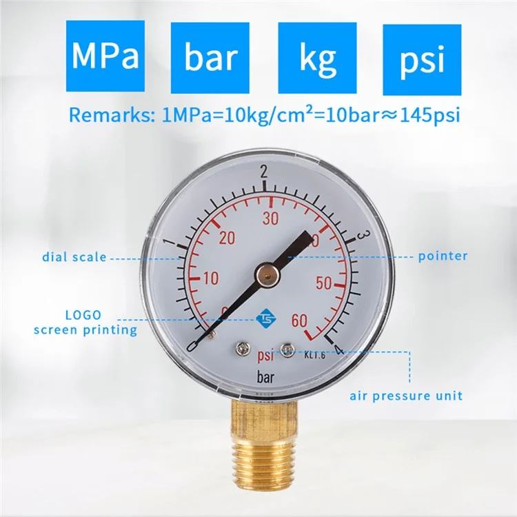 TS-50-4bar 50mm Manómetro 0-60psi / 0-4bar Escala Dual Dial Presión del Agua 1/4 NPT Manómetro de Presión Hidráulica
