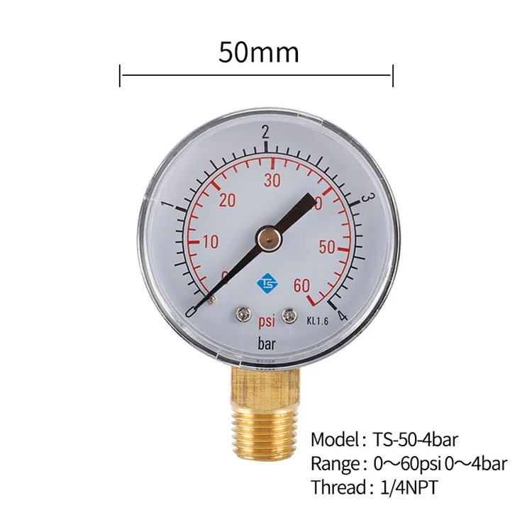 TS-50-4bar 50mm Manómetro 0-60psi / 0-4bar Escala Dual Dial Presión del Agua 1/4 NPT Manómetro de Presión Hidráulica