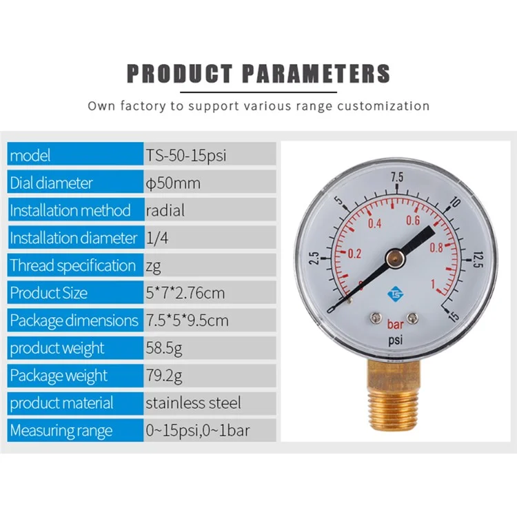 TS-50-15psi 0-15psi  /  0-1bar Manómetro de presión de agua de doble escala de 50 mm Manómetro de presión hidráulica para combustible / aire / aceite / agua