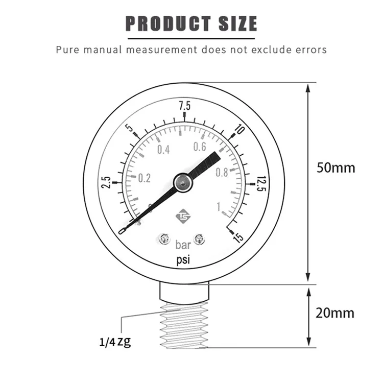 TS-50-15psi 0-15psi  /  0-1bar Dual Scale Water Pressure Dial 50mm Manometer Hydraulic Pressure Gauge for Fuel Oil / Air / Oil / Water