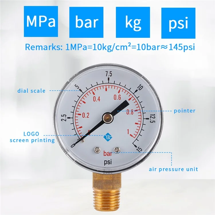 TS-50-15psi 0-15psi  /  0-1bar Dual Scale Water Pressure Dial 50mm Manometer Hydraulic Pressure Gauge for Fuel Oil / Air / Oil / Water