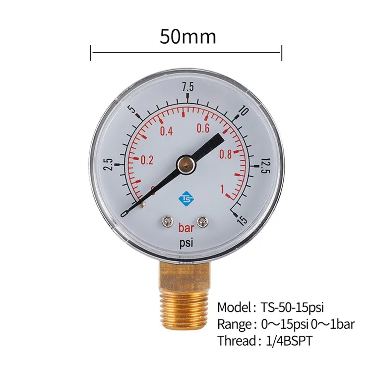 TS-50-15psi 0-15psi  /  0-1bar Manómetro de presión de agua de doble escala de 50 mm Manómetro de presión hidráulica para combustible / aire / aceite / agua