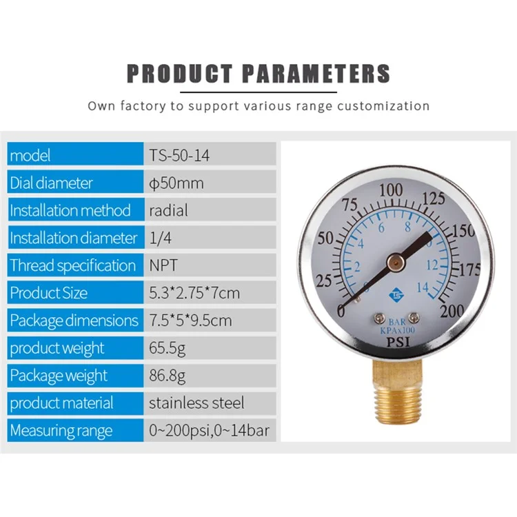 TS-50-14 1 / 4'' NPT Presión Inferior Montaje Manómetro Dual Escala Manómetro De Presión De Agua 0-200 PSI Rango De Prueba Manómetro De Presión De Aceite