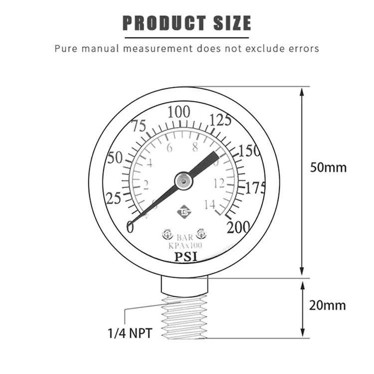 TS-50-14 1 / 4'' NPT Presión Inferior Montaje Manómetro Dual Escala Manómetro De Presión De Agua 0-200 PSI Rango De Prueba Manómetro De Presión De Aceite