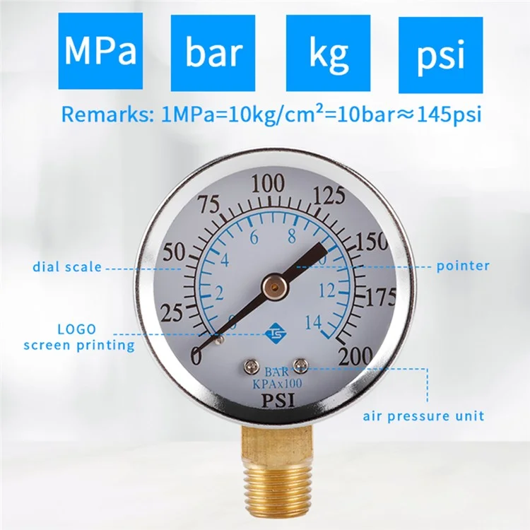 TS-50-14 1 / 4'' NPT Presión Inferior Montaje Manómetro Dual Escala Manómetro De Presión De Agua 0-200 PSI Rango De Prueba Manómetro De Presión De Aceite