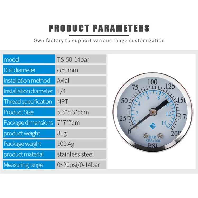 TS-50-14bar 0-200 PSI Rango de prueba Indicador de presión de aceite Montaje inferior de 1/4'' NPT Indicador de presión de agua de doble escala