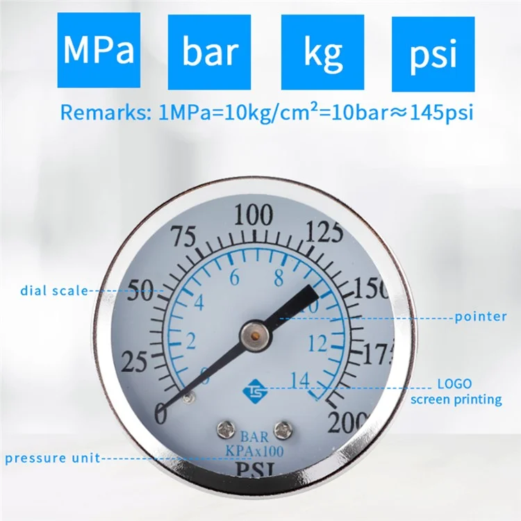 TS-50-14bar 0-200 PSI Rango de prueba Indicador de presión de aceite Montaje inferior de 1/4'' NPT Indicador de presión de agua de doble escala
