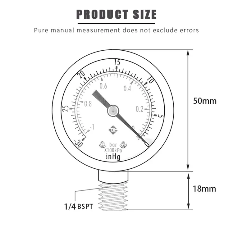 Instrumento TS-50-1+1 1 / 4'' Rosca BSPT Montaje de Presión de Agua de Gas Carcasa de Acero Inoxidable Seco al Vacío -30inHg / 0