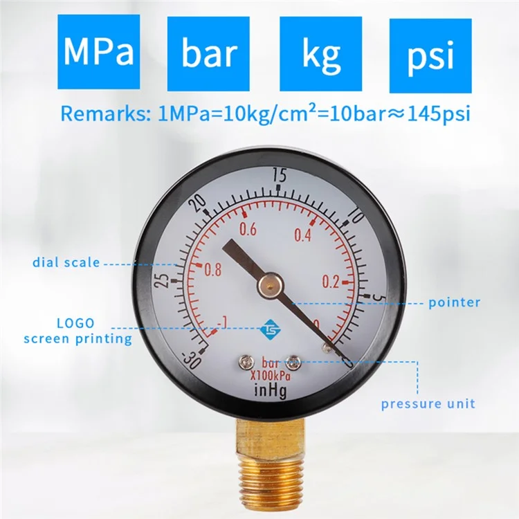 Instrumento TS-50-1+1 1 / 4'' Rosca BSPT Montaje de Presión de Agua de Gas Carcasa de Acero Inoxidable Seco al Vacío -30inHg / 0