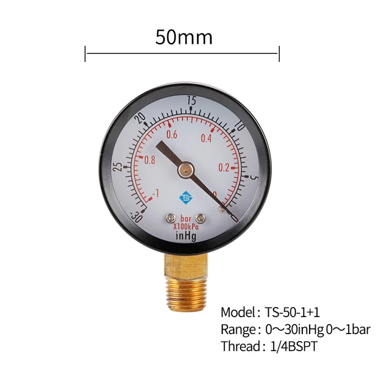 Instrumento TS-50-1+1 1 / 4'' Rosca BSPT Montaje de Presión de Agua de Gas Carcasa de Acero Inoxidable Seco al Vacío -30inHg / 0