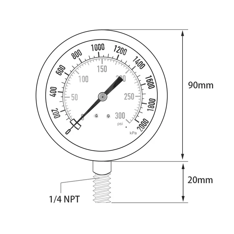 TS-Y91 Large 90mm Dial Oil Gas Pressure Gauge 0-300 PSI / 0-2000 KPA Range Dual Scale Water Pressure Gauge