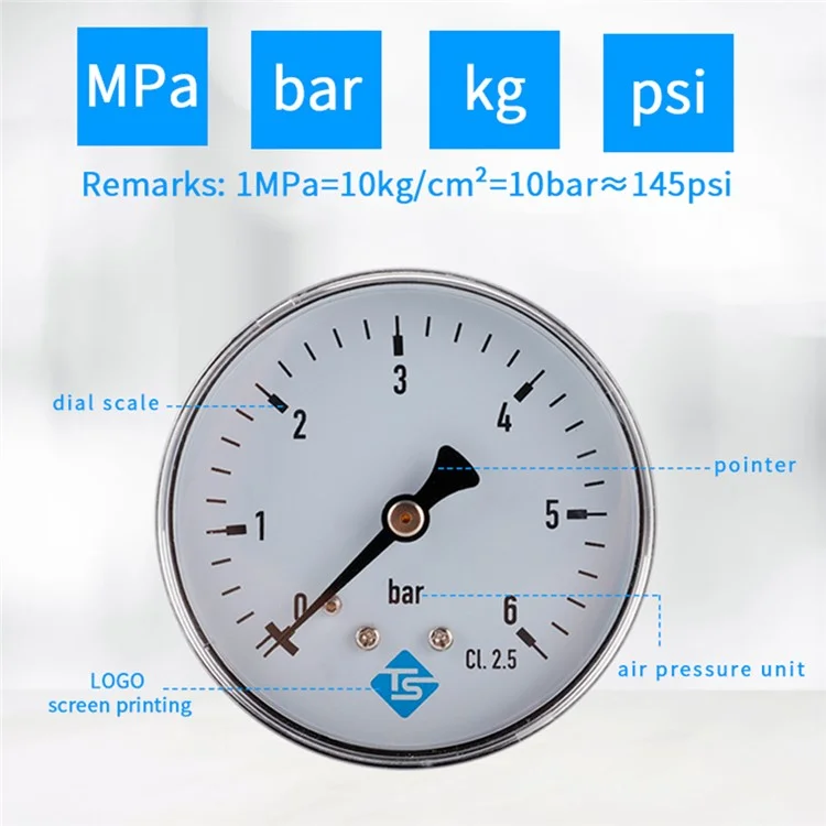 TS-60-6bar Высокоточный 60-миллиметровый большой циферблат Манометр 0-6 бар Вода / газ / воздушное давление Измерительный инструмент с 1/4 "NPT Нижнее крепление