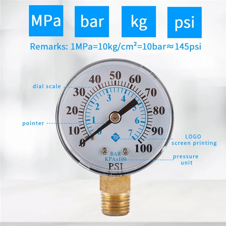 TS-Z54 0-100 фунт/кв.дюйм / 0-7 бар Двухшкальный манометр для фильтра бассейна, аквариума, воды, воздуха, газа, измеритель давления с нижним креплением 1/4 NPT