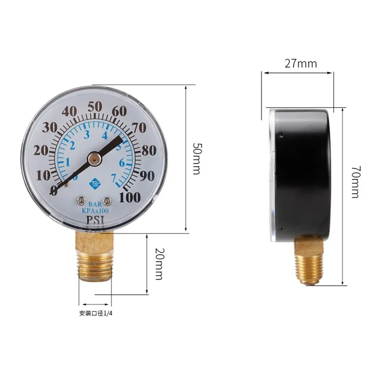 TS-Z54 0-100 фунт/кв.дюйм / 0-7 бар Двухшкальный манометр для фильтра бассейна, аквариума, воды, воздуха, газа, измеритель давления с нижним креплением 1/4 NPT