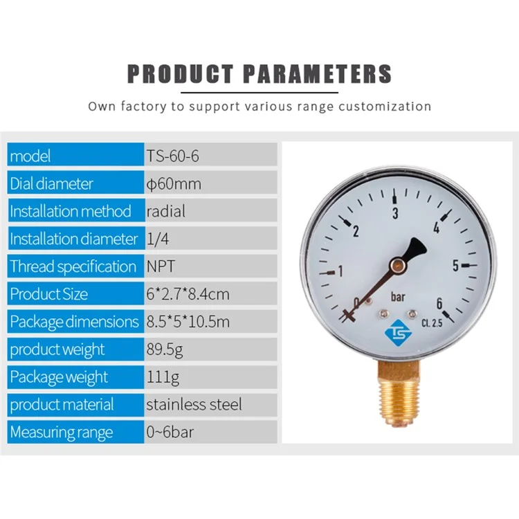 TS-60-6 Indicador de presión grande de 60 mm 0-6 bares para agua / gas / aire Indicador de presión del compresor Montaje inferior de 1 / 4''