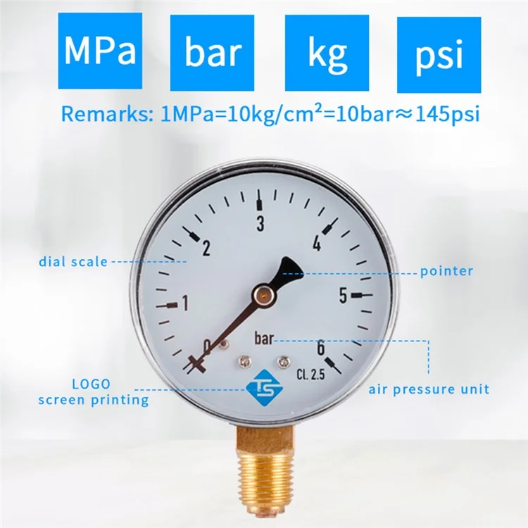TS-60-6 Indicador de presión grande de 60 mm 0-6 bares para agua / gas / aire Indicador de presión del compresor Montaje inferior de 1 / 4''