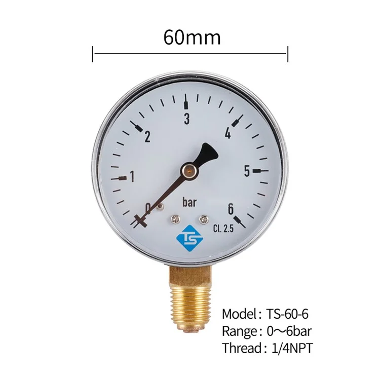 TS-60-6 Indicador de presión grande de 60 mm 0-6 bares para agua / gas / aire Indicador de presión del compresor Montaje inferior de 1 / 4''