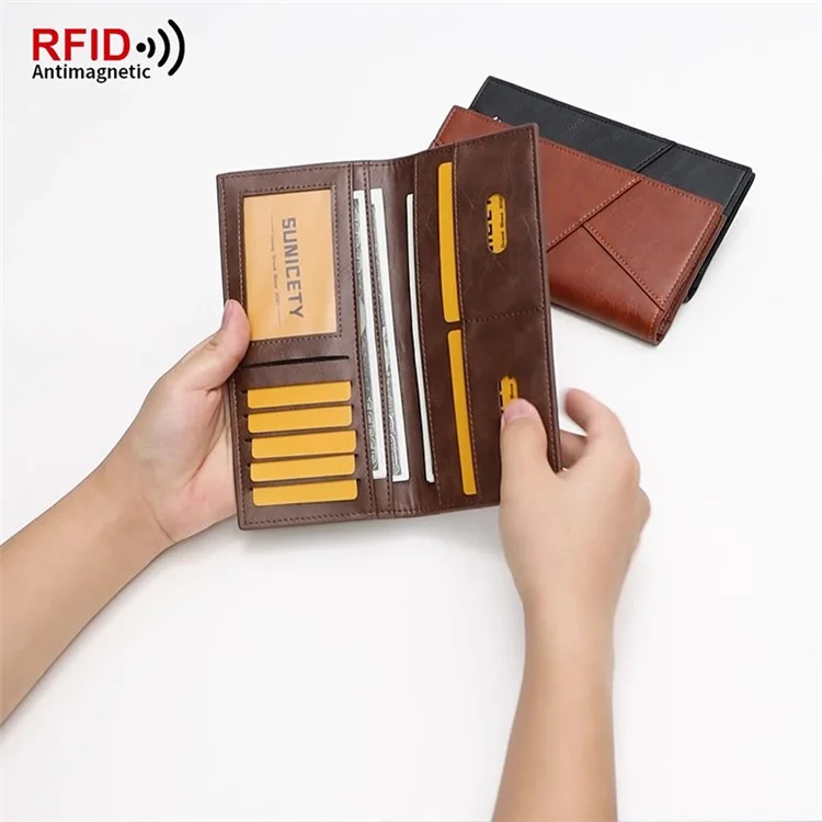SUNICETY RFID Blocking PU Leather Ultra-thin Bi-fold Men Long Wallet Cards Cash Holder Bag - Coffee