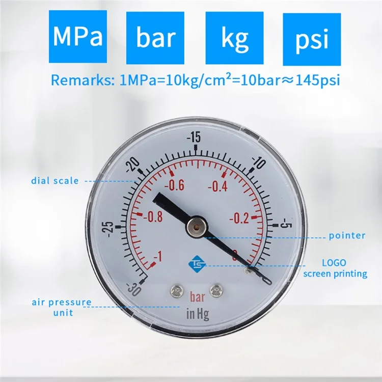 Ts-y50z-1-0bar Axial Air Pressure Pressure Gauge -1-0 Bar Huile Huile D'huile de Paire de Pression D'eau