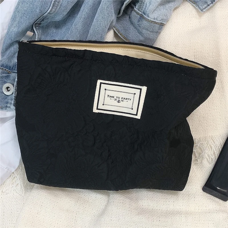 337 Cosmetic Organizer Travel Bag Flower Pattern Canvas Toiletries Women Teen Girls Makeup Storage Pouch - Black