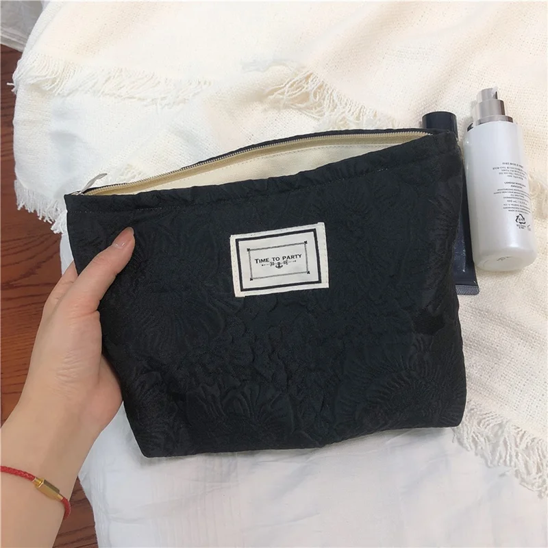 337 Cosmetic Organizer Travel Bag Flower Pattern Canvas Toiletries Women Teen Girls Makeup Storage Pouch - Black