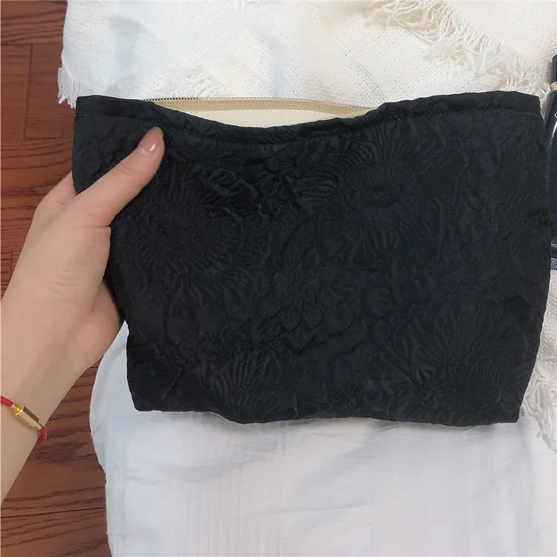 337 Cosmetic Organizer Travel Bag Flower Pattern Canvas Toiletries Women Teen Girls Makeup Storage Pouch - Black