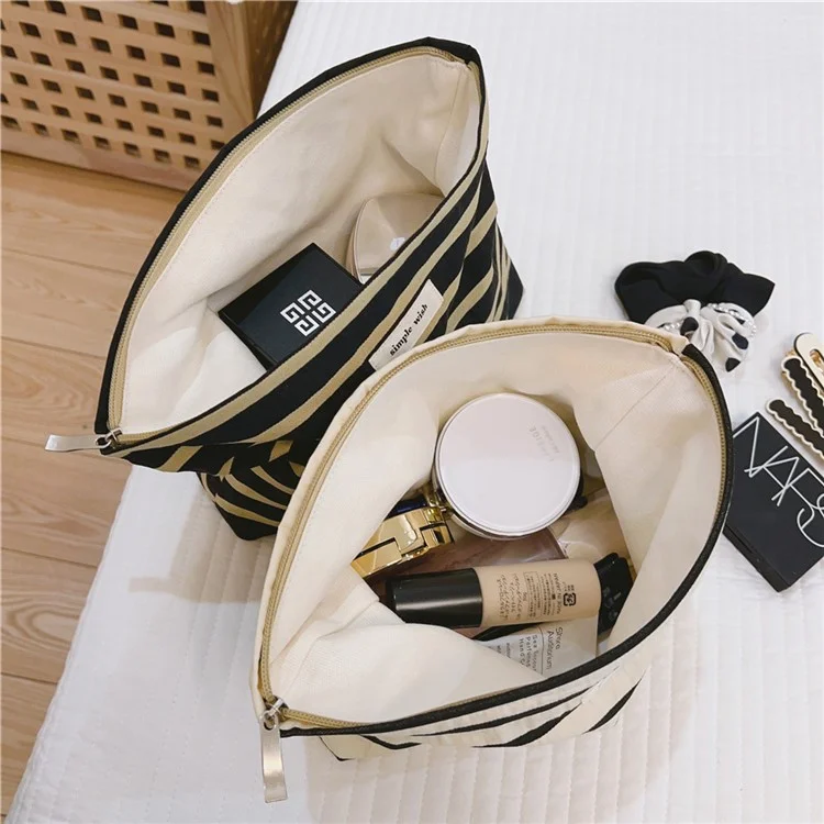 562 Stripe Pattern Makeup Storage Pouch Anti-Wear Canvas Toiletries Women Teen Girls Cosmetic Organizer Travel Bag - Black Stripe