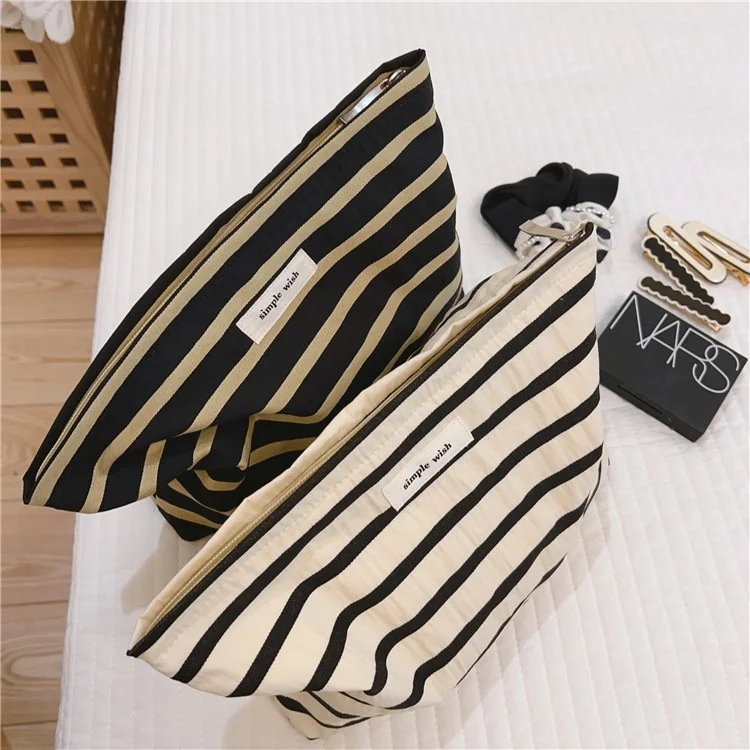 562 Stripe Pattern Makeup Storage Pouch Anti-Wear Canvas Toiletries Women Teen Girls Cosmetic Organizer Travel Bag - Black Stripe
