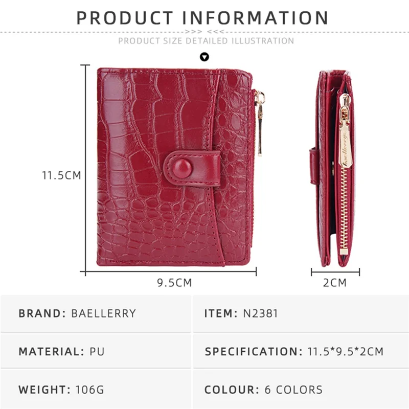 BAELLERRY N2381 Women Multiple Card Slots Crocodile Texture PU Leather Bi-fold Short Wallet with Zipper Pocket - Red