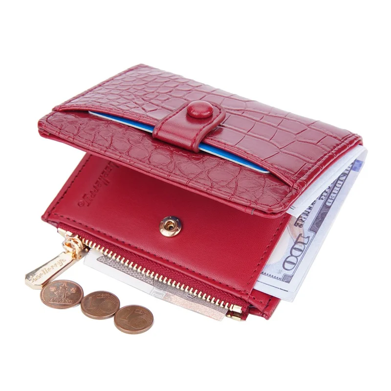 BAELLERRY N2381 Women Multiple Card Slots Crocodile Texture PU Leather Bi-fold Short Wallet with Zipper Pocket - Red
