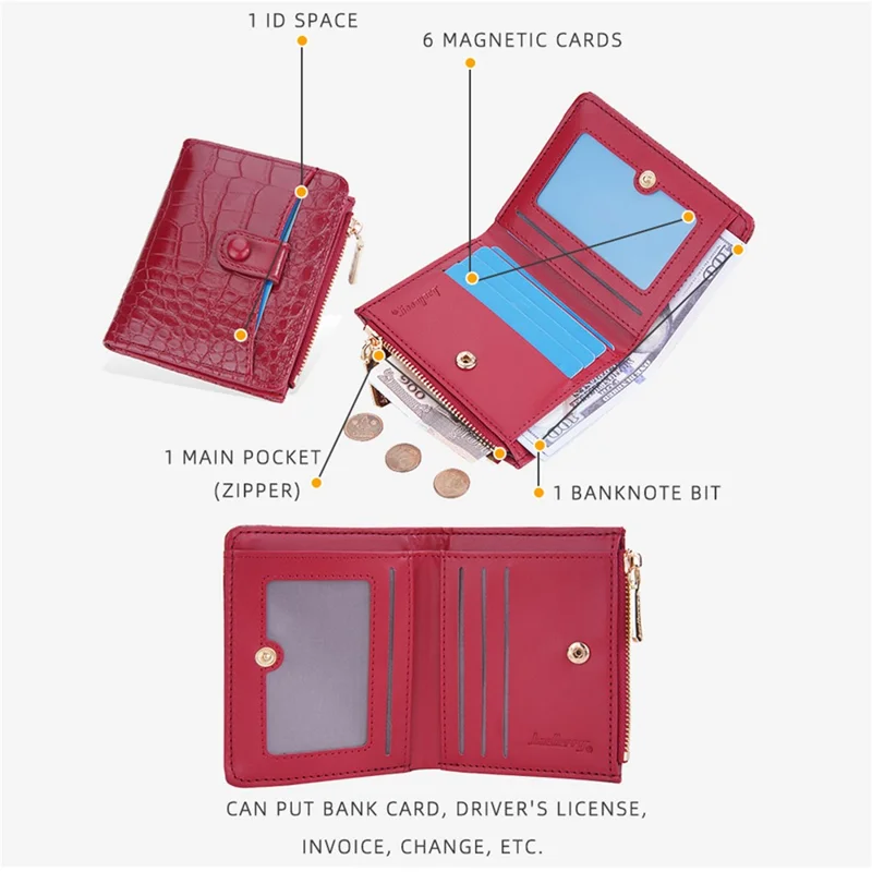 BAELLERRY N2381 Women Multiple Card Slots Crocodile Texture PU Leather Bi-fold Short Wallet with Zipper Pocket - Red