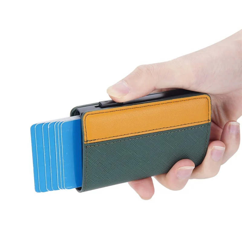 BAELLERRY K9221 Side Push Button Design Contrast Color Card Holder RFID Blocking PU Leather + Metal Credit Card Carrying Bag - Green