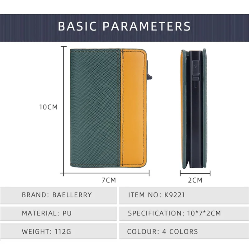 BAELLERRY K9221 Side Push Button Design Contrast Color Card Holder RFID Blocking PU Leather + Metal Credit Card Carrying Bag - Green