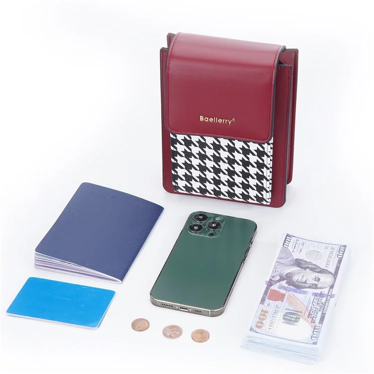 BAELLERRY N8626 Contraste Cor Couro PU Magnético Botão Phone Carrying Pouch Estiloso Mulheres Cartões Dinheiro Titular Bolsa Transversal - Vermelho