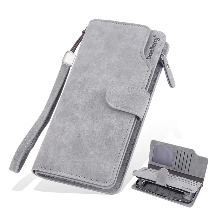 BAELLERRY S1070 Portefeuille long en cuir de vachette texturé Homme Poche zippée Porte-cartes Porte-monnaie avec sangle de poignet - Gris 