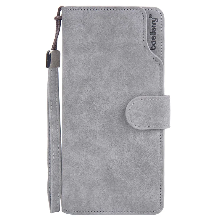 BAELLERRY S1070 Portefeuille long en cuir de vachette texturé Homme Poche zippée Porte-cartes Porte-monnaie avec sangle de poignet - Gris 
