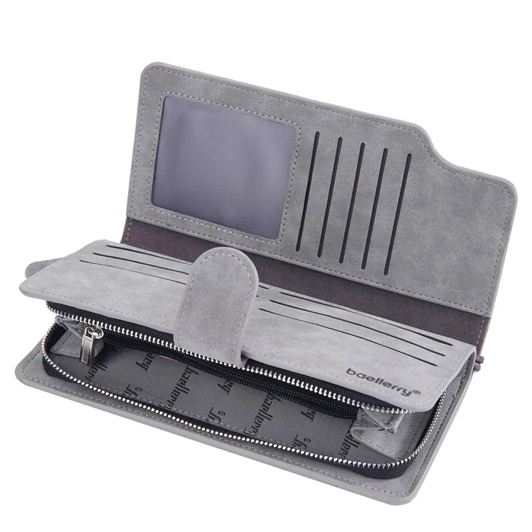 BAELLERRY S1070 Portefeuille long en cuir de vachette texturé Homme Poche zippée Porte-cartes Porte-monnaie avec sangle de poignet - Gris 