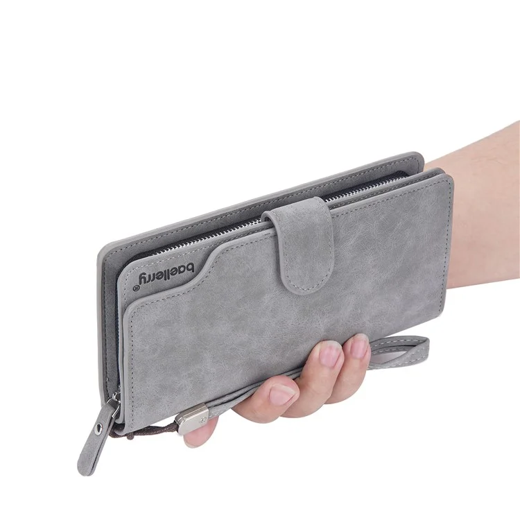 BAELLERRY S1070 Portefeuille long en cuir de vachette texturé Homme Poche zippée Porte-cartes Porte-monnaie avec sangle de poignet - Gris 