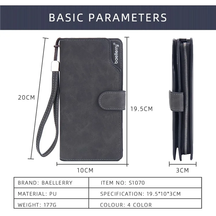 BAELLERRY S1070 Portefeuille long en cuir de vachette texturé Homme Poche zippée Porte-cartes Porte-monnaie avec sangle de poignet - Gris 