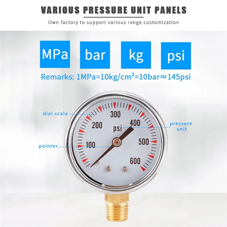 TS-Y50-600psi Doble Escala Vacío de Agua Manómetro de Presión Alta Precisión Gas Aire Manómetro de Presión 1 / 4'' NPT Montaje Inferior