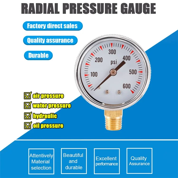 TS-Y50-600psi Doble Escala Vacío de Agua Manómetro de Presión Alta Precisión Gas Aire Manómetro de Presión 1 / 4'' NPT Montaje Inferior