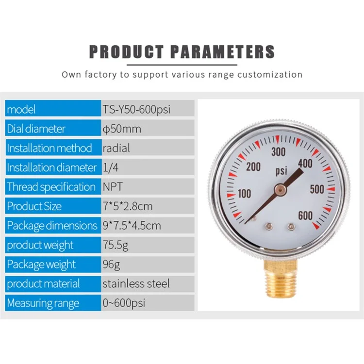 TS-Y50-600psi Doble Escala Vacío de Agua Manómetro de Presión Alta Precisión Gas Aire Manómetro de Presión 1 / 4'' NPT Montaje Inferior