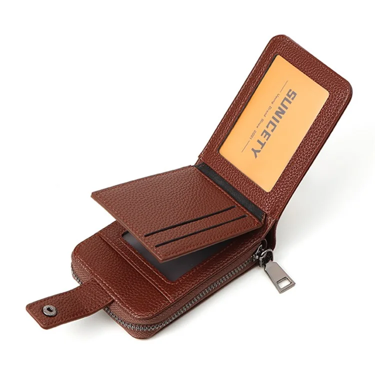 SUNICETY Litchi Texture PU Leather Card Holder Pouch Compact Size Bank Card Driver's License Storage Bag Wallet for Men - Brown