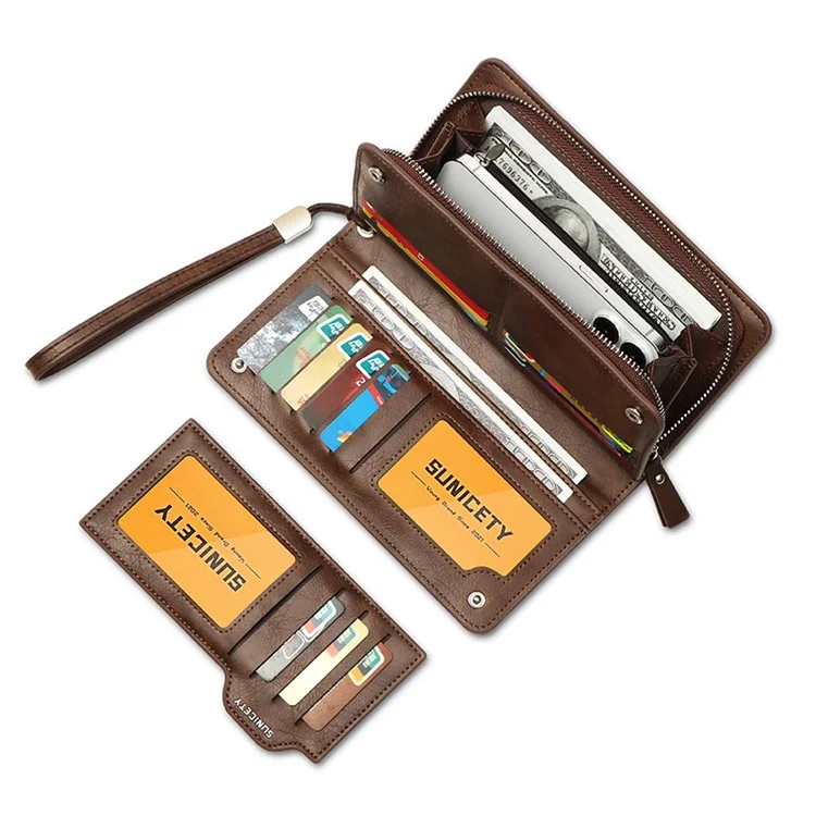 Portefeuille long pour hommes SUNICETY RFID Blocking Card Storage Pouch Money Cash Coin Carrying Bag Cell Phone Clutch Purse - Café