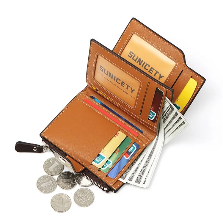 SUNICETY Bi-color Style Wallet RFID Blocking PU Leather Card Storage Pouch Anti-theft Zipper Pocket Cash Money Holder Coin Bag - Black